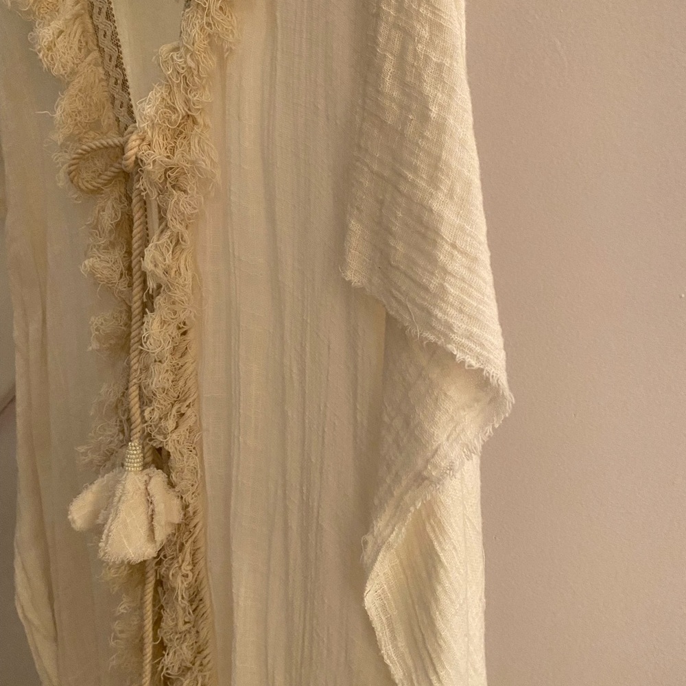 Z & L Europe CoverUp Maxi Ivory Boho Fringe Duster Tassels Caftan Tunic Swim FS - Picture 2 of 9